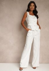 Biały Komplet w Garniturowym Stylu Spodnie Wide Leg i Kamizelka Onirette. Białe kamizelki damskie Renee, bez wzorów, eleganckie. Za 89.99 zł.