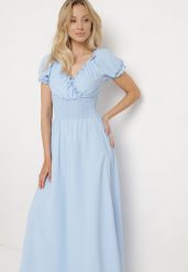 Jasnoniebieska Wiskozowa Sukienka z Gumką w Pasie i Trójkątnym Dekoltem Quneri. Niebieskie sukienki damskie Born2be, na imprezę, m, bez wzorów, z jeansu, eleganckie, bez kołnierzyka, bez ramiączek, maxi, sportowe. W wyprzedaży za 63.99 zł.