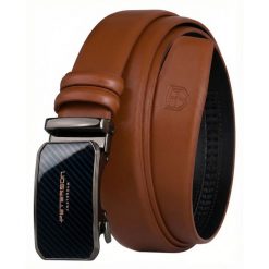 Pasek męski w jasnobrązowym kolorze wykonany ze skóry naturalnej z automatyczną klamrą Peterson PTN A016-AB TAN. Brązowe paski męskie Peterson, bez wzorów, ze skóry, eleganckie. Za 59.99 zł.