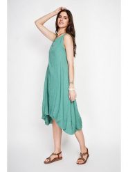 Le Jardin du Lin Lniana sukienka w kolorze turkusowym rozmiar: 34. Niebieskie sukienki damskie Le jardin du lin, bez wzorów, ze lnu, z asymetrycznym kołnierzem, bez ramiączek, midi, asymetryczne. Za 130.99 zł.