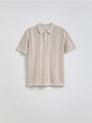 Ażurowy sweter polo - beżowy. Brązowe swetry męskie Reserved, l, w ażurowe wzory, z dzianiny, bez kołnierzyka. W wyprzedaży za 69.99 zł.