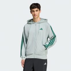 Bluza z kapturem Essentials 3-Stripes French Terry Full-Zip. Zielone bluzy z kapturem męskie Adidas, z materiału. Za 279.00 zł.