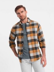 Flanelowa koszula męska w kratę - żółto-czarna V2 OM-SHCS-0150 - S. Żółte koszule męskie Ombre Clothing, m, bez wzorów, z bawełny, bez kołnierzyka, bez ramiączek. W wyprzedaży za 79.99 zł.