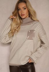 Beżowy Golf z Dodatkiem Bawełny w Paski z Prążkowanego Materiału z Naszywką Lerisara. Brązowe golfy damskie Renee, z aplikacjami, z bawełny, bez ramiączek. Za 124.99 zł.