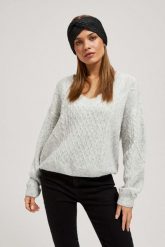 Sweter z dekoltem w serek szary. Szare swetry klasyczne damskie MOODO, l, z poliesteru, bez kołnierzyka. W wyprzedaży za 69.99 zł.