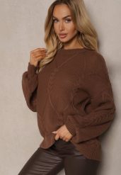 Brązowy Sweter z Ozdobnym Tłoczeniem i Ściągaczami Temariel. Brązowe swetry klasyczne damskie Renee, z jeansu, bez kołnierzyka. Za 79.99 zł.