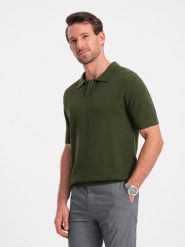 Bawełniana koszulka męska polo ze strukturalnej dzianiny – oliwkowa V1 OM-POSS-0117 - XXL. Zielone koszulki polo męskie Ombre Clothing, l, bez wzorów, z bawełny, bez ramiączek. W wyprzedaży za 99.99 zł.