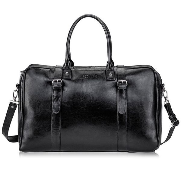 Skórzana torba męska podróżna, weekendowa Solier czarna. Czarne torby podróżne męskie Solier, bez wzorów, ze skóry. Za 699.99 zł.