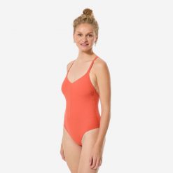 Strój jednoczęściowy pływacki damski Nabaiji 100 Lila Simy teksturowany. Brązowe stroje jednoczęściowe damskie Decathlon, l, bez wzorów. Za 99.99 zł.