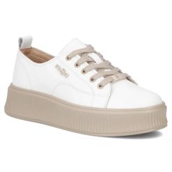 Skórzane półbuty sneakersy na platformie białe Filippo DP6122. Białe półbuty damskie Filippo, bez wzorów, ze skóry, sportowe, bez obcasa, na platformie. Za 199.99 zł.