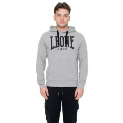 Bluza z bawełna z kaptur na trening na czas wolny. Szare bluzy sportowe męskie LEONE 1947 APPAREL, bez wzorów, z bawełny, sportowe, bez kołnierzyka, bez ramiączek. W wyprzedaży za 120.78 zł.