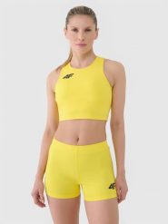 4F Biustonosz treningowy ze średnim wsparciem damski - żółty M. Żółte biustonosze sportowe damskie 4f, bez wzorów, z dzianiny. Za 129.99 zł.