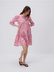 Wzorzysta sukienka mini - różowy. Czerwone sukienki damskie Reserved, l, bez wzorów, z bawełny, bez kołnierzyka, bez ramiączek, mini, rozkloszowane. Za 179.99 zł.