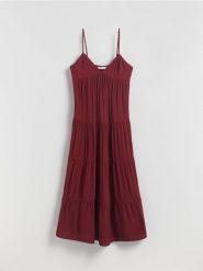 Sukienka midi z wiskozy - burgundowy. Czerwone sukienki damskie Reserved, l, bez wzorów, z tkaniny, bez kołnierzyka, bez ramiączek, midi. Za 159.99 zł.