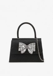 Czarna Torebka Kopertówka z Cyrkoniową Kokardą Desslia. Czarne torebki klasyczne damskie Renee, bez wzorów, eleganckie, bez kołnierzyka, bez ramiączek. Za 54.99 zł.