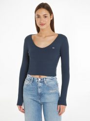 TOMMY JEANS Koszulka w kolorze granatowym rozmiar: M. Niebieskie bluzki damskie Tommy Jeans, m, bez wzorów, z bawełny, bez kołnierzyka, bez ramiączek. Za 114.17 zł.