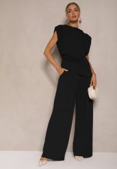 Czarny Komplet Bluzka z Poduszkami w Ramionach i Proste Spodnie z Gumką w Pasie Divanes. Czarne spodnie materiałowe damskie Renee, bez wzorów, eleganckie. Za 139.99 zł.
