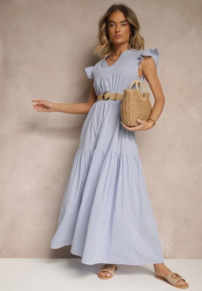 Niebieska Rozkloszowana Sukienka z Bawełny w Stylu Boho z Paskiem z Klamrą Iffarisa. Niebieskie sukienki damskie Renee, na co dzień, na lato, l, bez wzorów, z bawełny, boho, bez kołnierzyka, bez ramiączek, maxi, rozkloszowane. Za 119.99 zł.