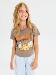 Bawełniana koszulka z nadrukiem Pusheen the Cat - brązowy. Brązowe koszulki dziewczęce Sinsay, l, bez wzorów, z bawełny, bez ramiączek. Za 15.99 zł.