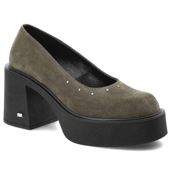 Półbuty damskie Karino, na wysokim klocku eleganckie skórzane z dżetami wsuwane z okrągłym noskiem, zielone welur, 5648-026-P. Zielone półbuty damskie Karino, z aplikacjami, z weluru, eleganckie, z okrągłym noskiem, bez obcasa, na obcasie. Za 499.00 zł.