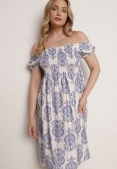Niebieska Wiskozowa Sukienka Hiszpanka w Etniczny Wzór Hywen. Niebieskie sukienki damskie Born2be, na co dzień, na lato, bez wzorów, z materiału, casualowe, bez kołnierzyka, bez ramiączek, mini, proste. Za 59.99 zł.