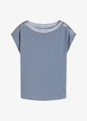 T-shirt z satynowym karczkiem. Niebieskie t-shirty damskie bonprix, bez wzorów, z satyny, bez kołnierzyka. Za 97.99 zł.