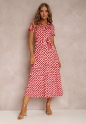 Czerwona Sukienka Prixia. Czerwone sukienki damskie Renee, l, bez wzorów, z materiału, eleganckie, bez kołnierzyka, bez ramiączek, midi, koszulowe. W wyprzedaży za 139.99 zł.