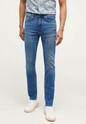 MUSTANG ORLANDO SLIM MĘSKIE SPODNIE JEANSOWE DENIM BLUE 1013676 5000 682. Niebieskie spodnie materiałowe męskie Mustang, bez wzorów, z denimu. Za 229.99 zł.