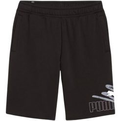 Shorty Męskie Graficzny Nadruk Logo ESS+. Czarne szorty męskie Puma, bez wzorów, sportowe. Za 213.99 zł.