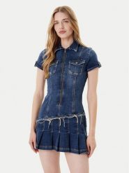 Guess Sukienka jeansowa W5YK71 D4H1D Niebieski Regular Fit. Niebieskie sukienki damskie Guess, xxl, z aplikacjami, z jeansu, bez kołnierzyka, bez ramiączek. Za 529.99 zł.