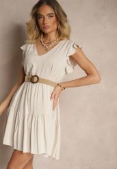 Jasnobeżowa Bawełniana Sukienka Rozkloszowana z Falbankami Mirlio. Brązowe sukienki damskie Renee, na co dzień, l, bez wzorów, z bawełny, eleganckie, bez kołnierzyka, bez ramiączek, mini, kopertowe. W wyprzedaży za 43.99 zł.