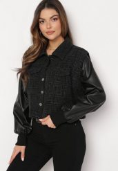 Czarna Krótka Kurtka Bomberka z Rękawami z Imitacji Skóry Meliara. Czarne kurtki damskie Born2be, l, z aplikacjami, z jeansu, bez kaptura. Za 169.99 zł.