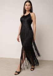 Czarna Koktajlowa Sukienka na Ramiączkach Zdobiona Frędzlami Kelennea. Czarne sukienki damskie Born2be, l, z aplikacjami, klasyczne, bez kołnierzyka, bez ramiączek, maxi, dopasowane. Za 259.99 zł.