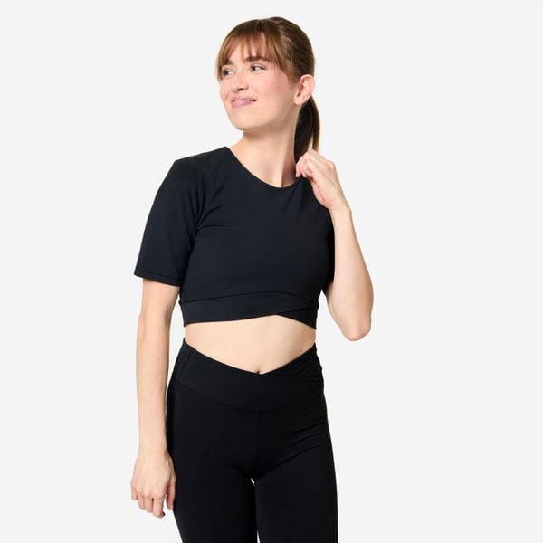 Koszulka damska Domyos Gym & Pilates crop. Czarne t-shirty damskie Decathlon, l, bez wzorów, z elastanu, bez ramiączek. Za 69.99 zł.