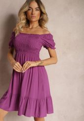 Ciemnofioletowa Bawełniana Sukienka o Rozkloszowanym Kroju z Gumką przy Dekolcie Moridia. Fioletowe sukienki damskie Renee, na imprezę, m, bez wzorów, z bawełny, eleganckie, bez kołnierzyka, bez ramiączek, mini, dopasowane. W wyprzedaży za 38.49 zł.