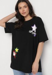 Czarny T-shirt z Bawełną Ozdobiony Gwiazdami Karretia. Czarne t-shirty damskie Born2be, m, bez wzorów, z bawełny, bez kołnierzyka. Za 49.99 zł.