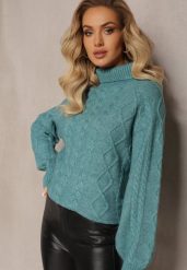 Ciemnozielony Oversizowy Golf w Ozdobny Splot Jupiterra. Zielone golfy damskie Renee, z aplikacjami, z dzianiny, bez ramiączek. Za 119.99 zł.