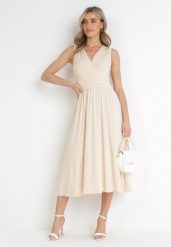 Beżowa Sukienka Midi Bez Rękawów z Plisowanym Dołem Dreana. Brązowe sukienki damskie Born2be, na imprezę, l, bez wzorów, eleganckie, bez kołnierzyka, bez ramiączek, midi, plisowane. W wyprzedaży za 183.99 zł.
