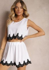 Biały Komplet Ozdobiony Koronką Top na Ramiączkach Szorty Luźne High Waist Filoa. Białe szorty damskie Renee, bez wzorów, z koronki, biznesowe, z podwyższonym stanem. Za 54.99 zł.