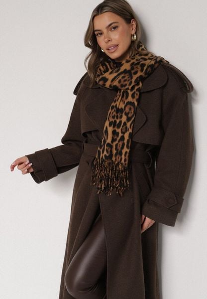 Brązowy Wiskozowy Szalik w Panterkę z Frędzlami Vetivada. Brązowe szaliki i kominy damskie Born2be, bez wzorów, z jeansu. Za 39.99 zł.