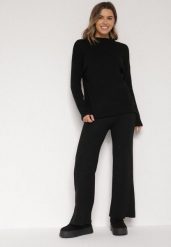 Czarny Dzianinowy Komplet z Bawełną i Wełną Długi Sweter i Szerokie Spodnie Reinesa. Czarne spodnie materiałowe damskie Born2be, l, z bawełny, bez kołnierzyka. Za 139.99 zł.