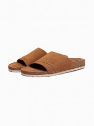 Męskie klapki z naturalnego zamszu na korkowej podeszwie - camel V1 - Rozmiar: 45. Brązowe klapki i japonki męskie Ombre Clothing, z jeansu. W wyprzedaży za 229.99 zł.