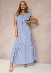 Niebieska Sukienka Callamene. Niebieskie sukienki damskie Renee, na lato, m, z aplikacjami, z koronki, bez kołnierzyka, bez ramiączek, maxi. W wyprzedaży za 62.99 zł.