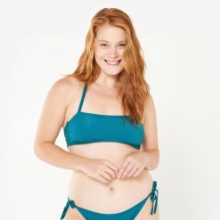 Góra kostiumu kąpielowego surfingowego damska Olaian Laura Folk teksturowana. Niebieskie bikini damskie OLAIAN, bez wzorów. Za 59.99 zł.
