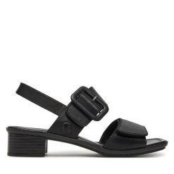 Sandały Rieker. Czarne sandały damskie Rieker, bez wzorów, bez obcasa, na słupku. Za 249.99 zł.