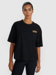 4F T-shirt oversize z nadrukiem damski - czarny S. Czarne t-shirty damskie 4f, s, bez wzorów, z bawełny, bez kołnierzyka. W wyprzedaży za 39.99 zł.