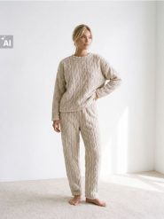 Polarowe spodnie od piżamy z tłoczonym wzorem warkoczowym - kremowy. Białe piżamy damskie Sinsay, l, bez wzorów, z polaru, bez ramiączek. Za 39.99 zł.