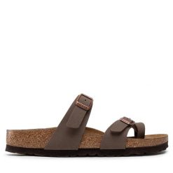Japonki Birkenstock. Brązowe klapki damskie Birkenstock, bez wzorów, bez obcasa. Za 369.99 zł.