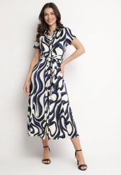 Niebieska Sukienka Koszulowa w Geometryczny Wzór z Paskiem Zimorae. Niebieskie sukienki damskie Born2be, l, bez wzorów, eleganckie, bez kołnierzyka, bez ramiączek, koszulowe. W wyprzedaży za 159.99 zł.