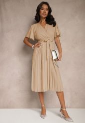 Ciemnobeżowa Sukienka Wiązana w Talii z Plisowaniem na Dole Dorseki. Brązowe sukienki damskie Renee, l, bez wzorów, eleganckie, bez kołnierzyka, bez ramiączek, midi, kopertowe. Za 59.99 zł.